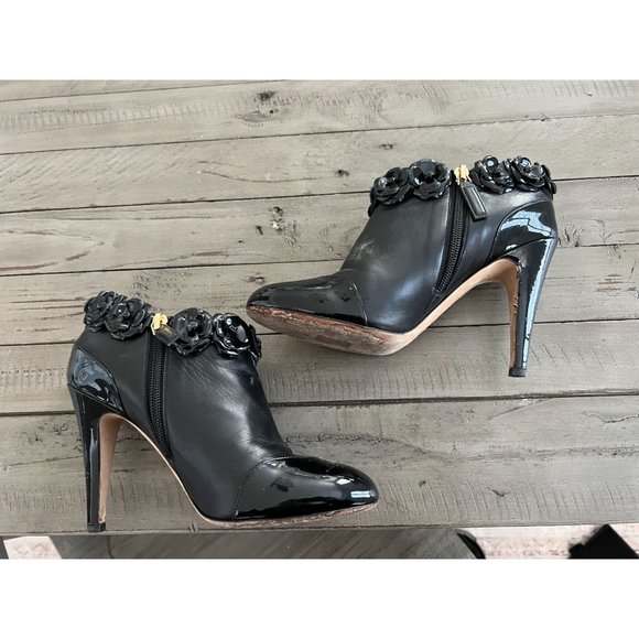 CHANEL Camellia Flowers Patent Leather Heeled Ankle Booties Black Size 38C - Picture 10 of 13